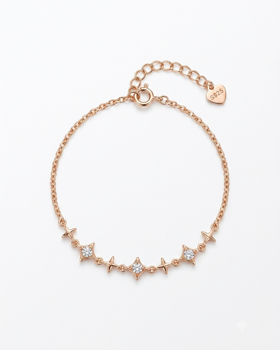 celestial star bracelet with chain and heart tag #color_rose gold