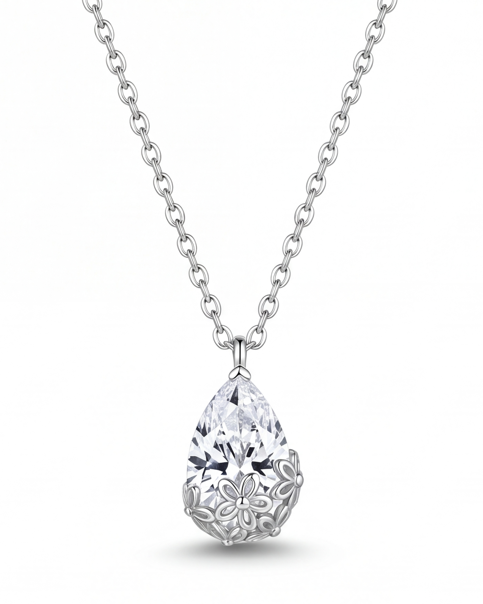 Silver necklace with a teardrop-shaped pendant on a white background #color_silver