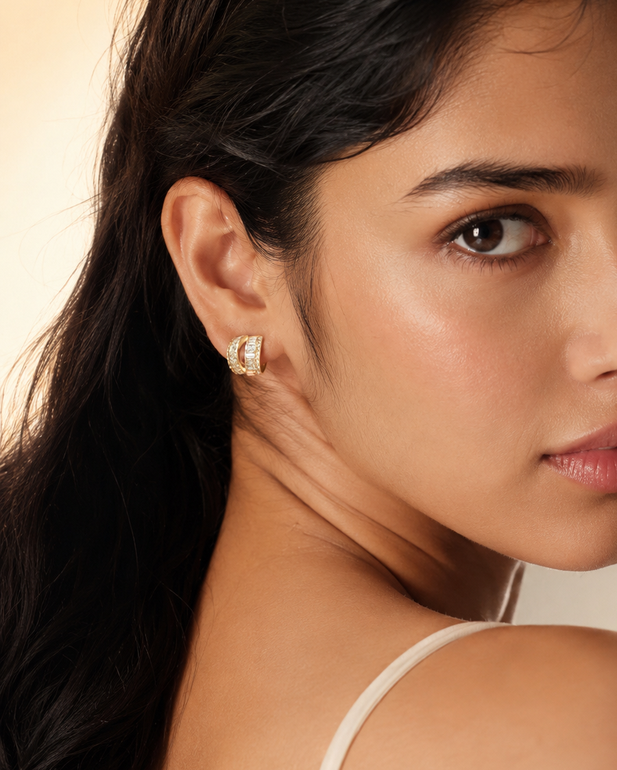 Arch Stud Earrings – Baguette & Round CZ Hoop Studs