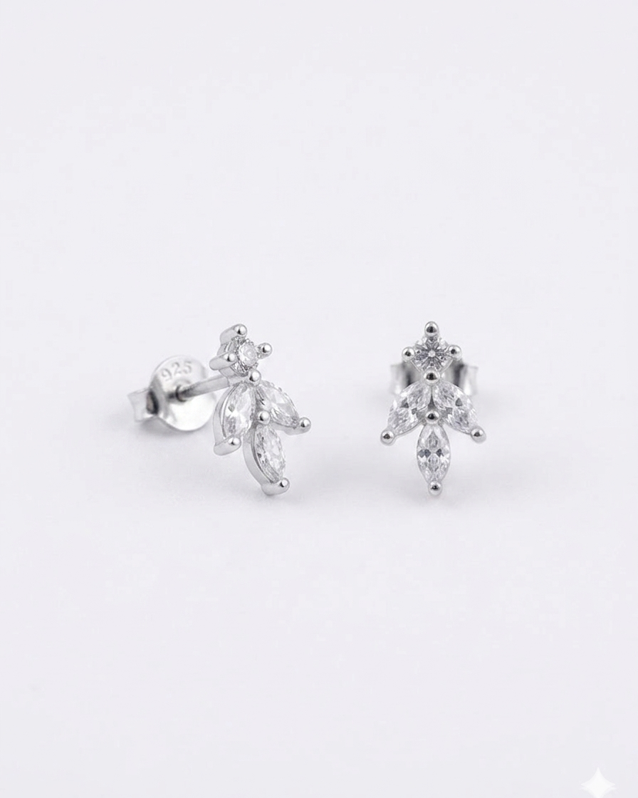 marquise-cut white stone cluster leaf stud earrings #color_silver