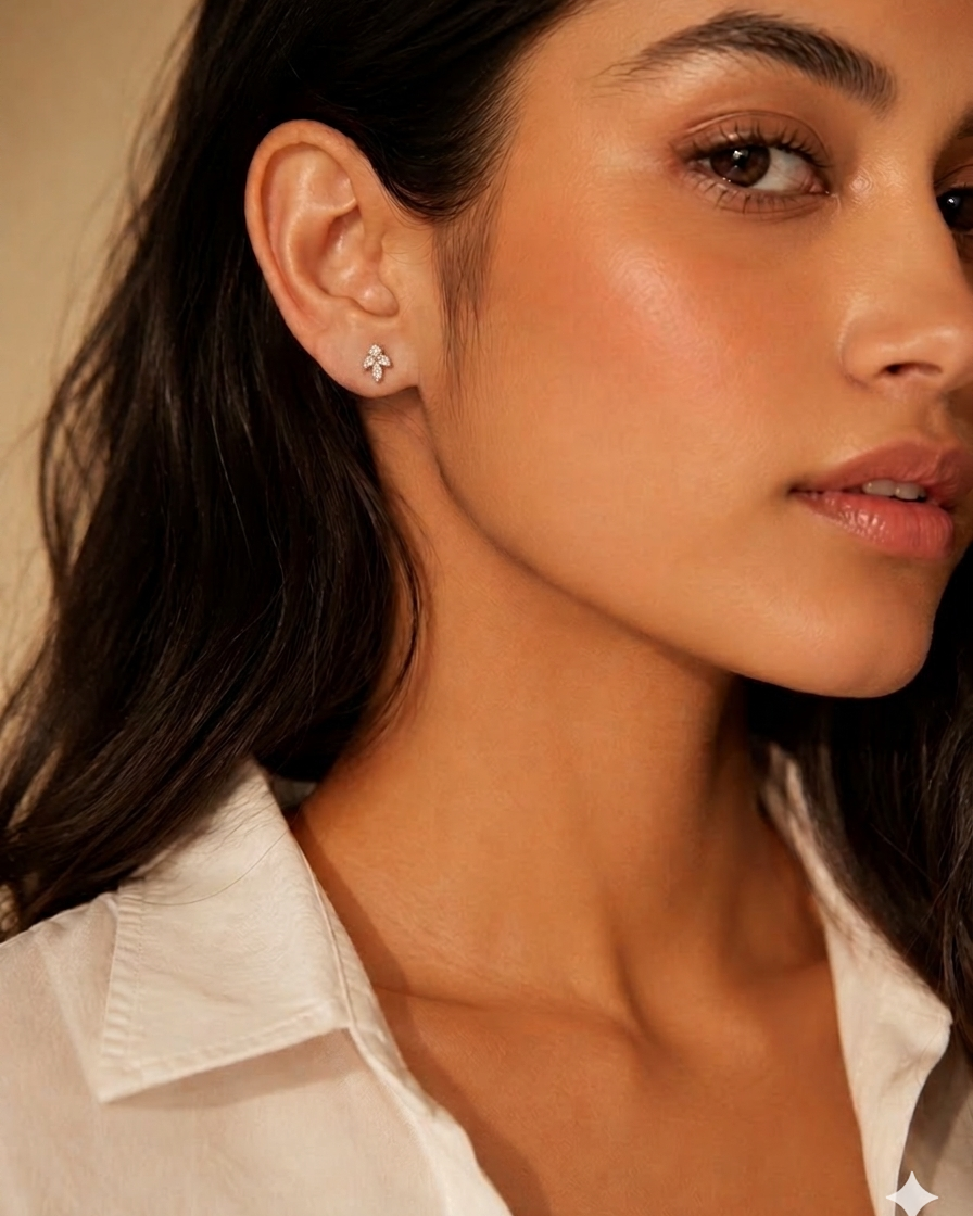 marquise-cut white stone cluster leaf stud earrings #color_rose gold