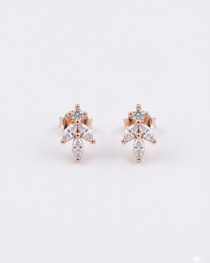 marquise-cut white stone cluster leaf stud earrings #color_rose gold