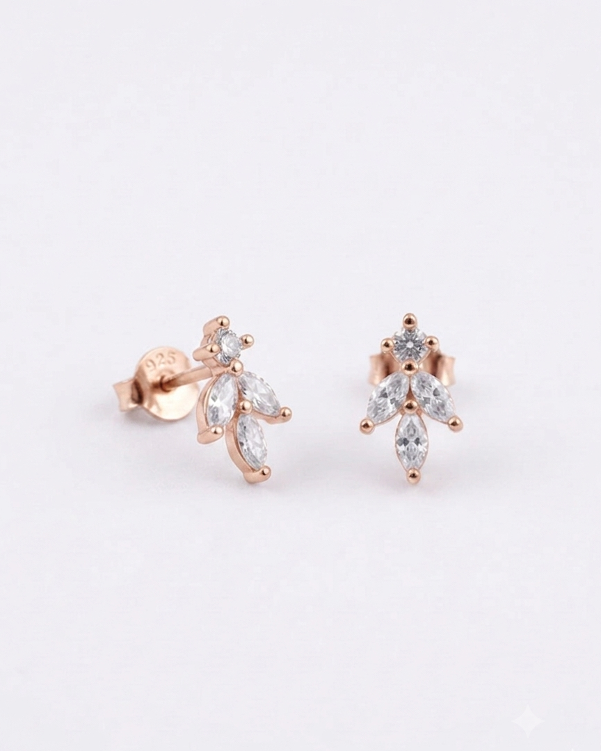 marquise-cut white stone cluster leaf stud earrings #color_rose gold