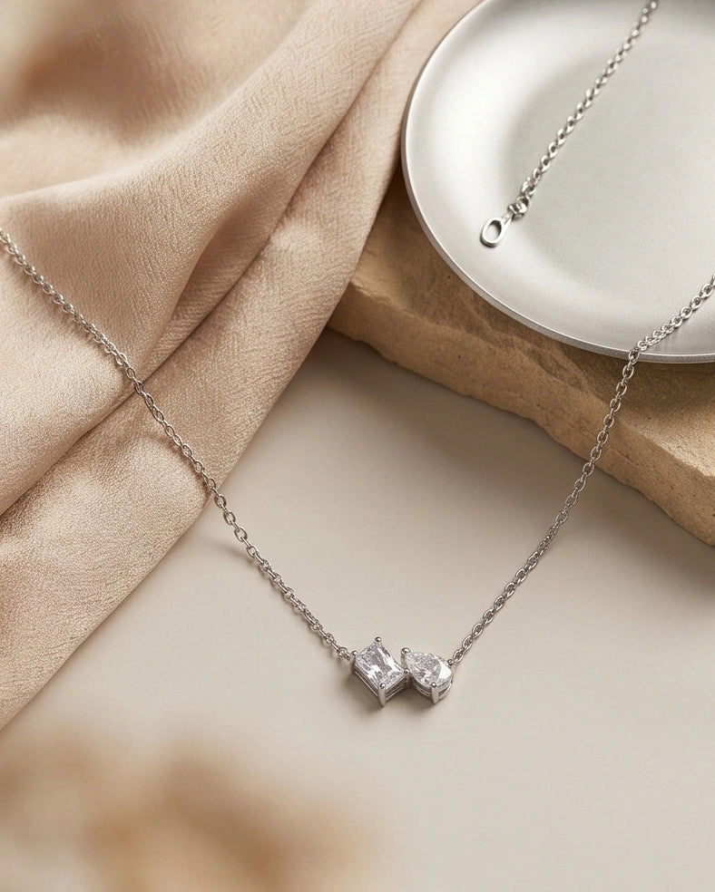 Misfit Pendant Necklace – Radiant & Pear CZ Minimal Silver Chain