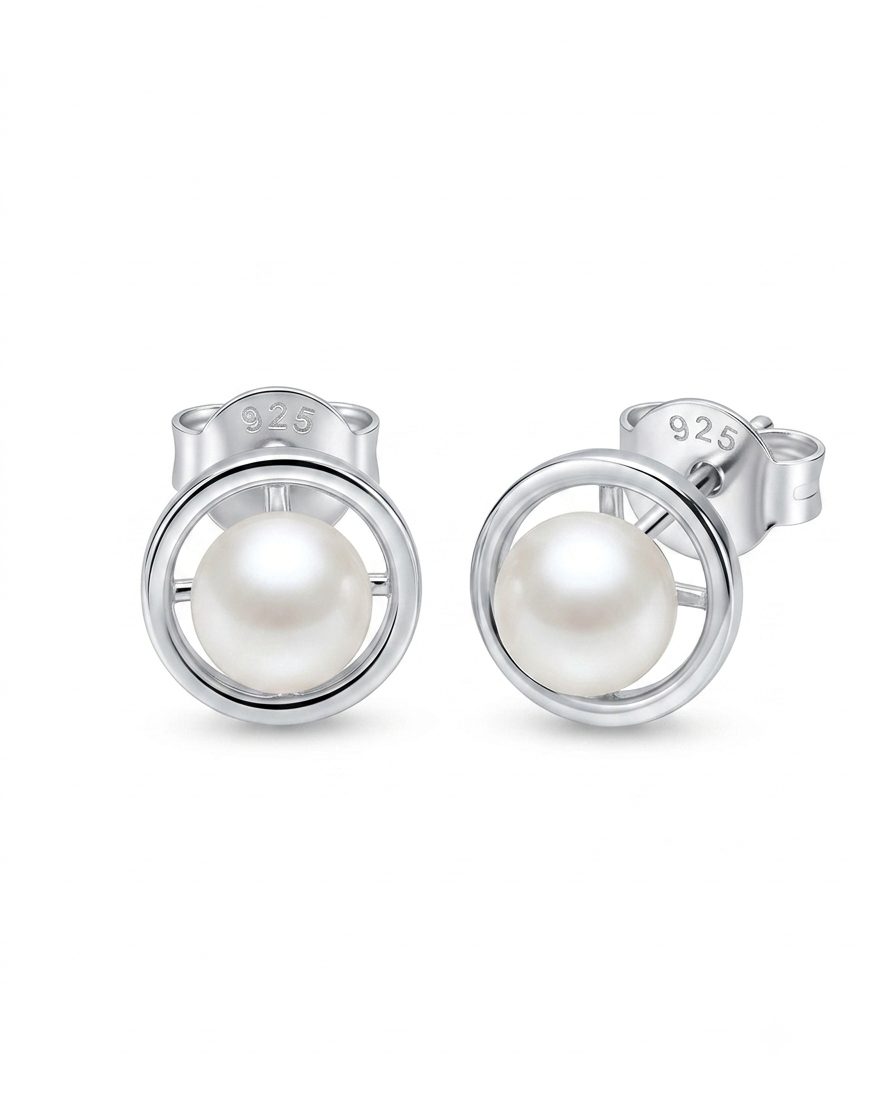 open circle pearl stud earrings #color_silver