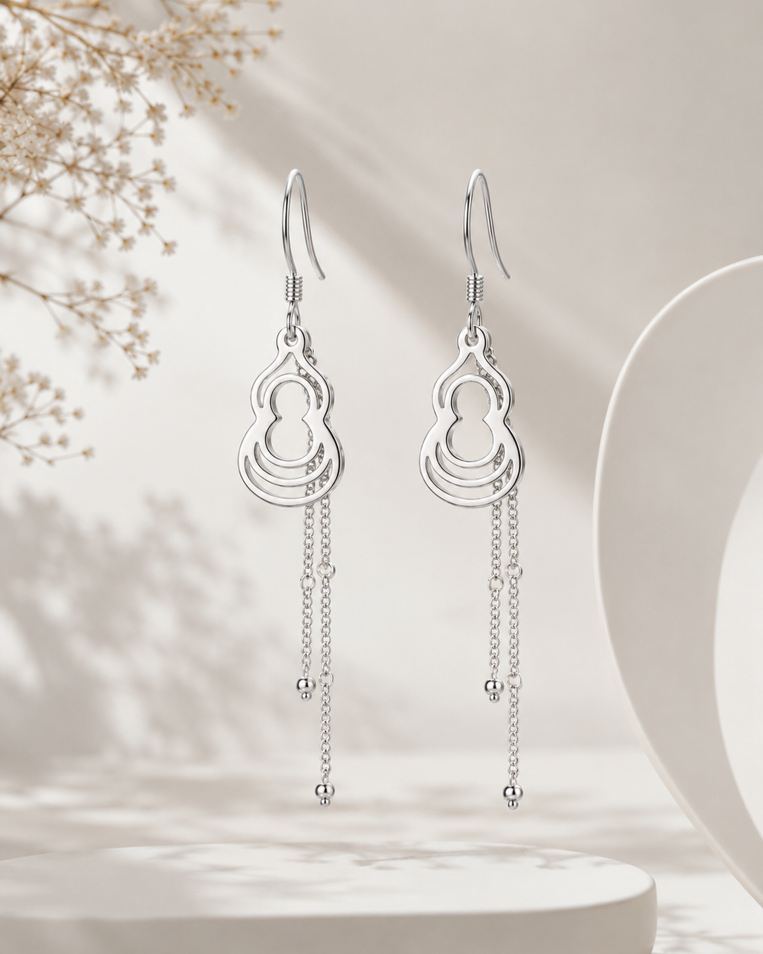 open gourd drop earrings with cascading fine chains #color_silver