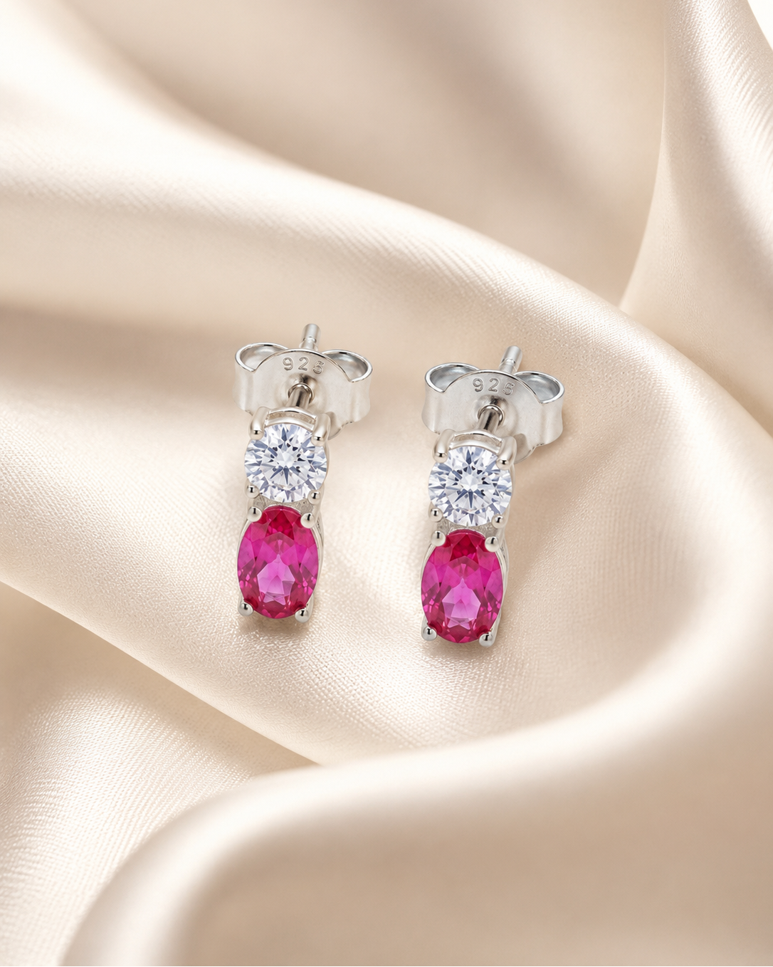 pink oval and round clear earrings. #color_silver