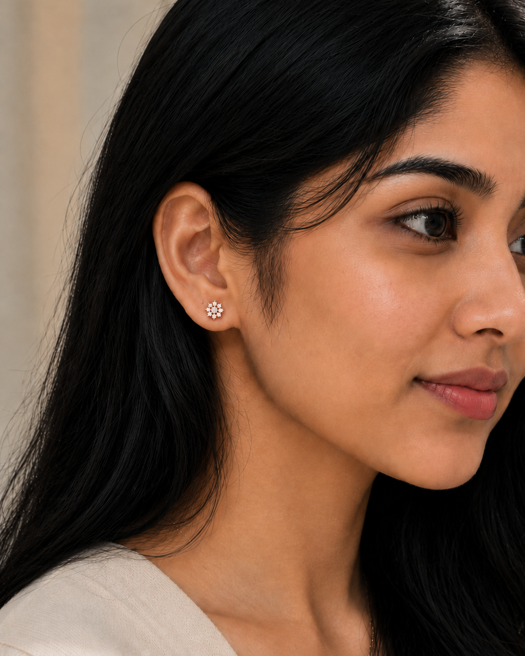 snowflake cluster stud earrings with brilliant white accents #color_rose gold