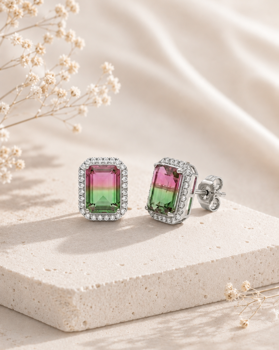 Aurora Watermelon Gem Stud Earrings #color_silver