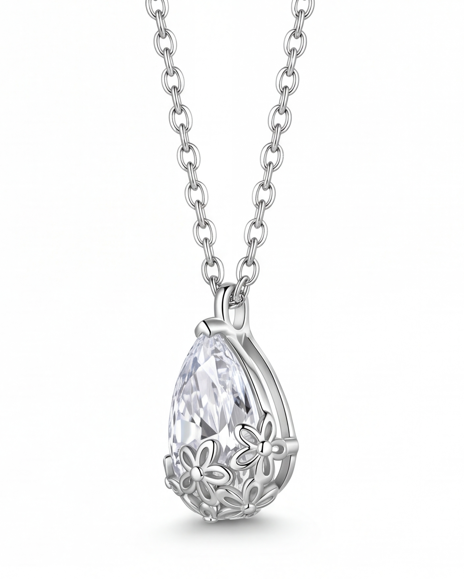 Silver necklace with a teardrop-shaped pendant on a white background #color_silver