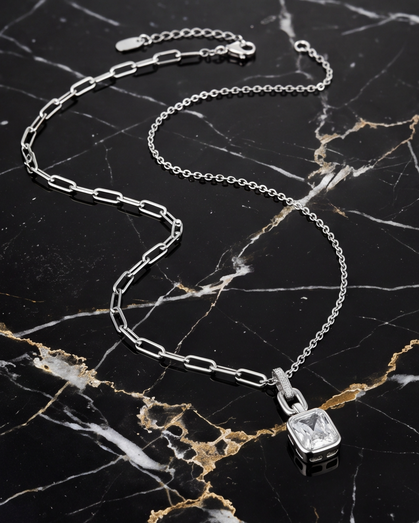 Baguette Crystal Mixed Link Chain Necklace #color_silver