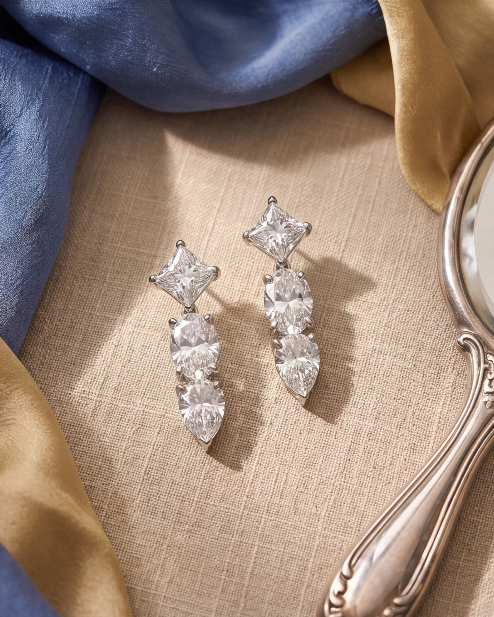 Pair of diamond earrings on a textured surface with a vintage hand mirror. colour_silver