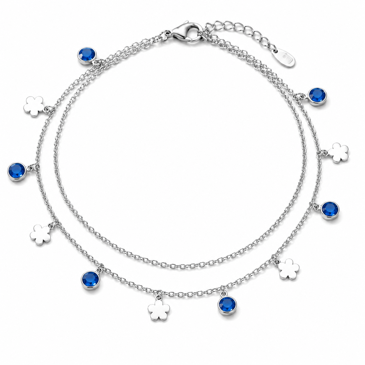 Blue Garden Anklet – Blue CZ Clover Double Chain Anklet