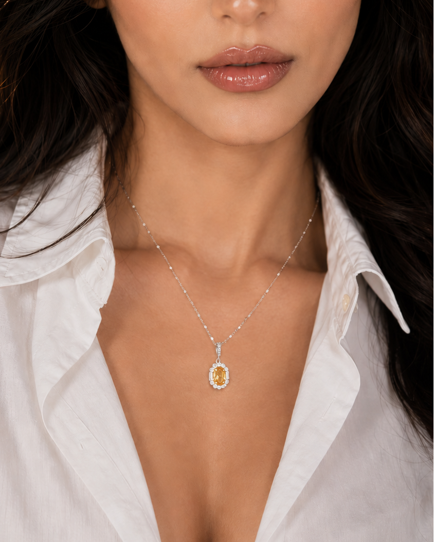 Oval CZ Gold Pendant Necklace for Women#color_silver
