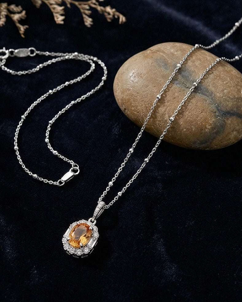 Oval CZ Gold Pendant Necklace for Women#color_silver