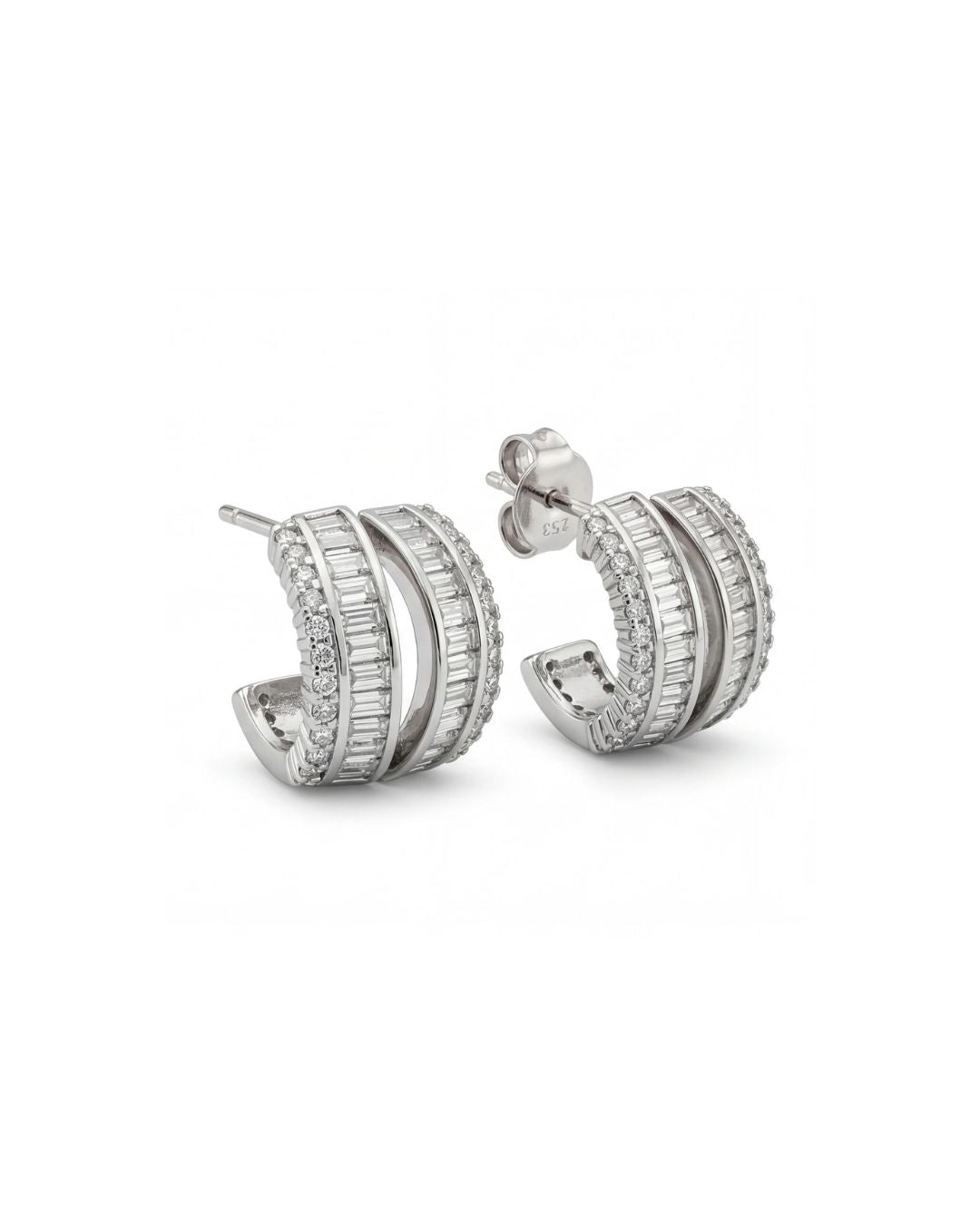 Baguette & Round CZ Hoop Stud Earrings for Women#color_silver