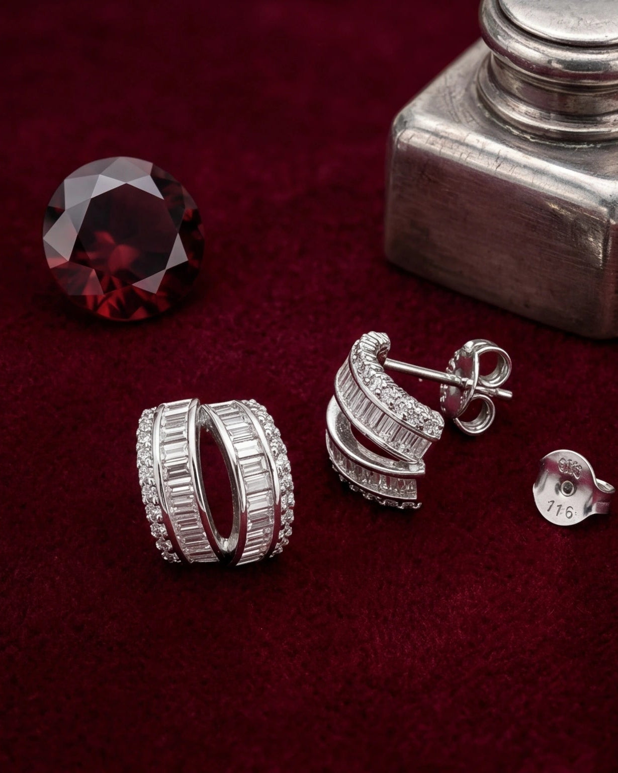 Baguette & Round CZ Hoop Stud Earrings for Women#color_silver