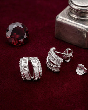 Baguette & Round Hoop Stud Earrings for Women #color_silver