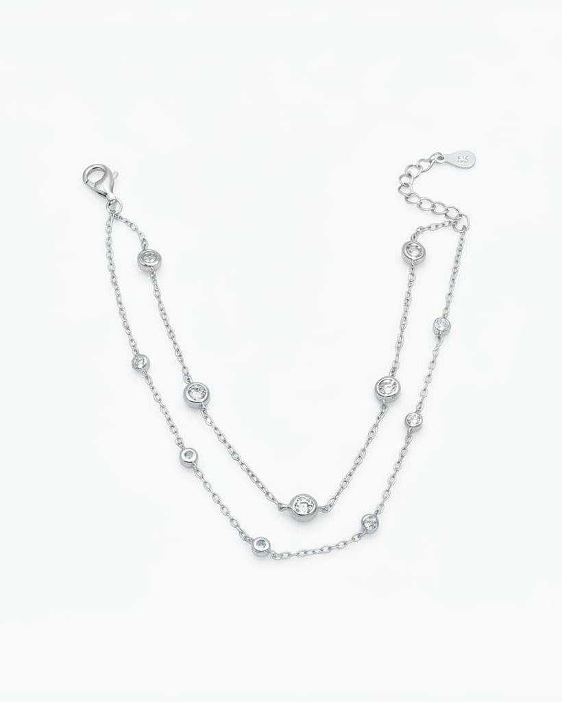 925 Sterling Silver double-layer bezel-set station bracelet with round white accents