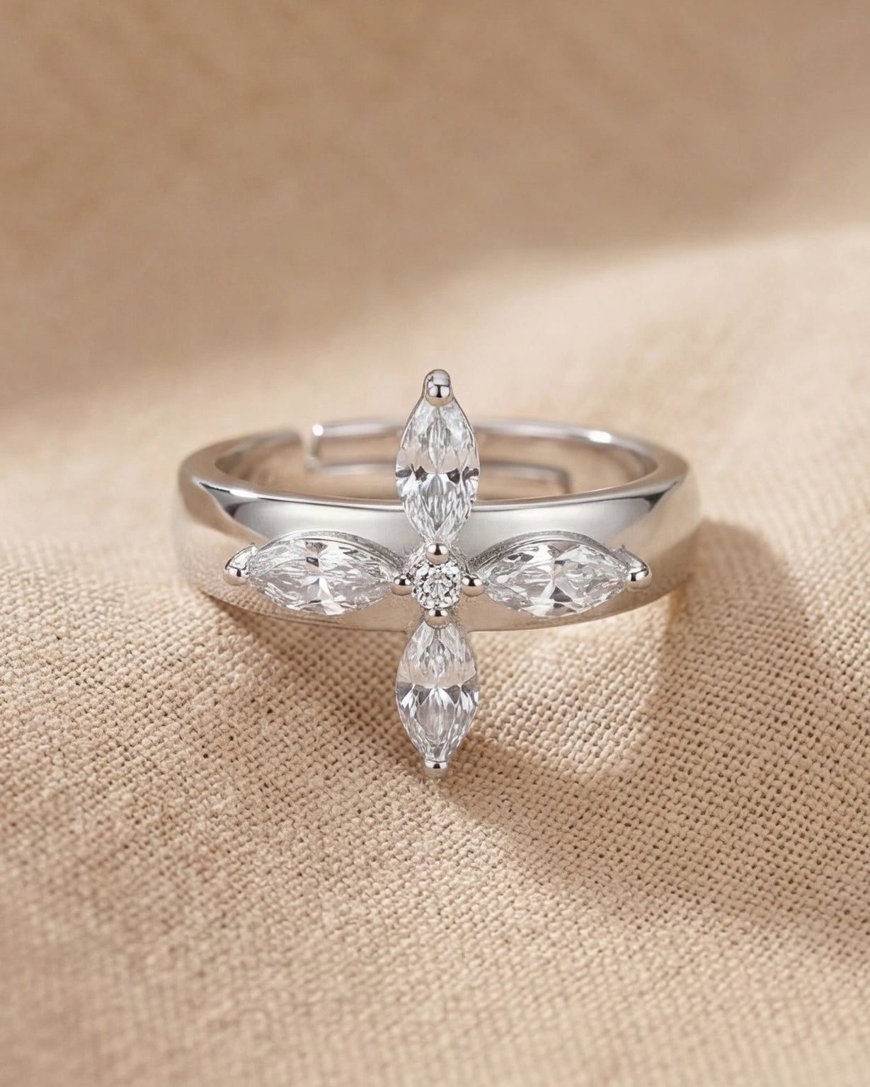 Marquise CZ Flower Adjustable Ring for Women #color_silver