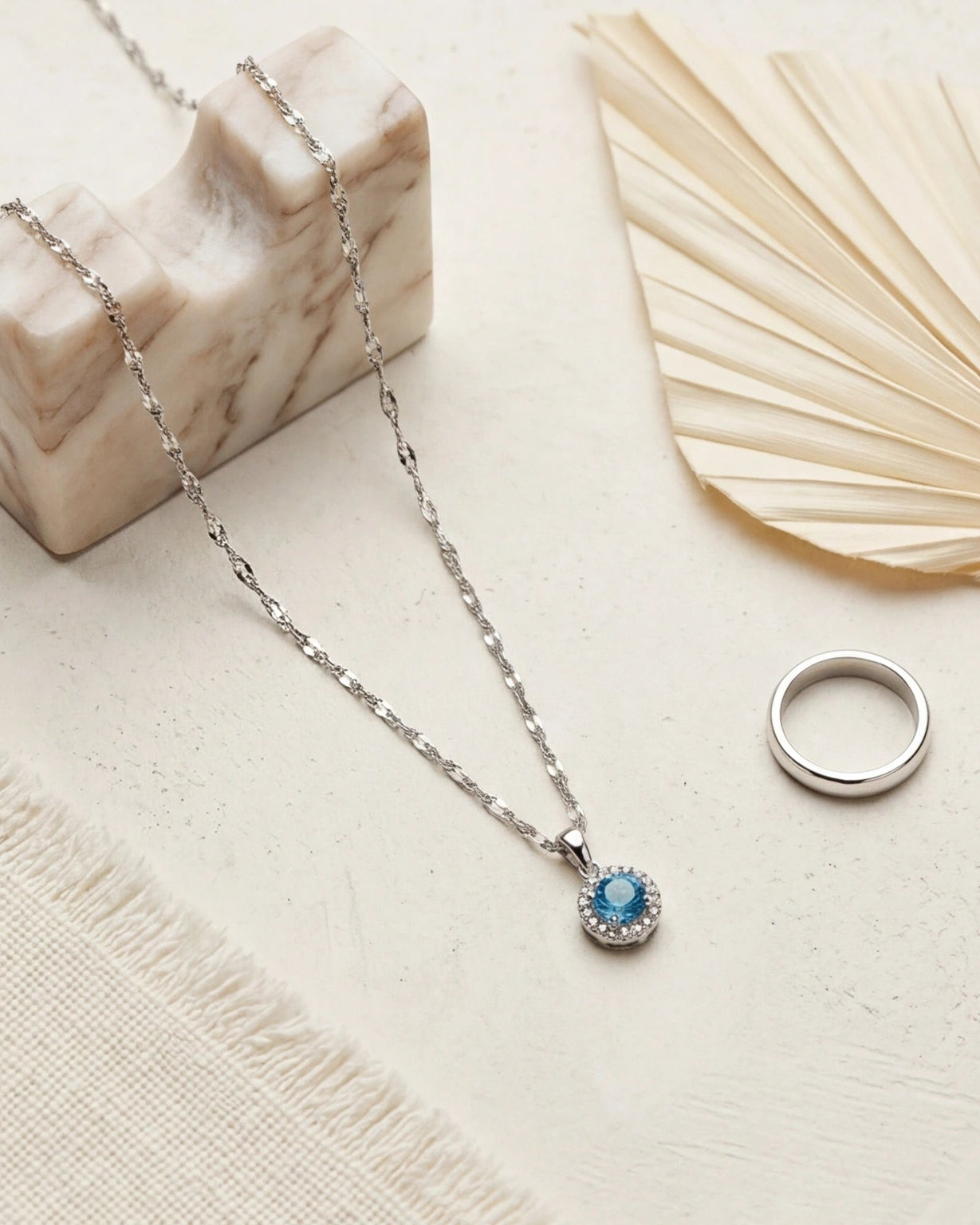 Blue CZ Halo Pendant Necklace for Women #color_silver