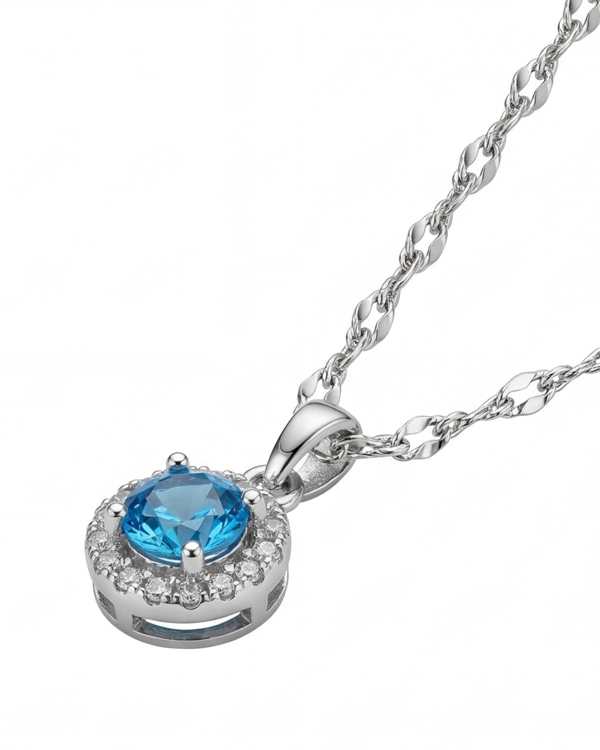 Blue CZ Halo Pendant Necklace for Women #color_silver