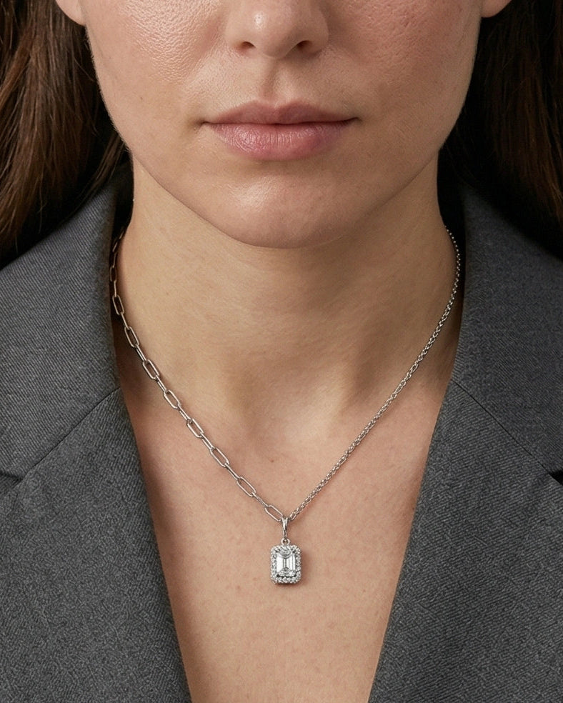 Emerald CZ Halo Pendant Necklace for Women#color_silver