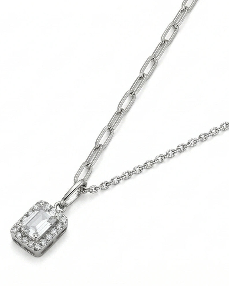 Emerald CZ Halo Pendant Necklace for Women#color_silver