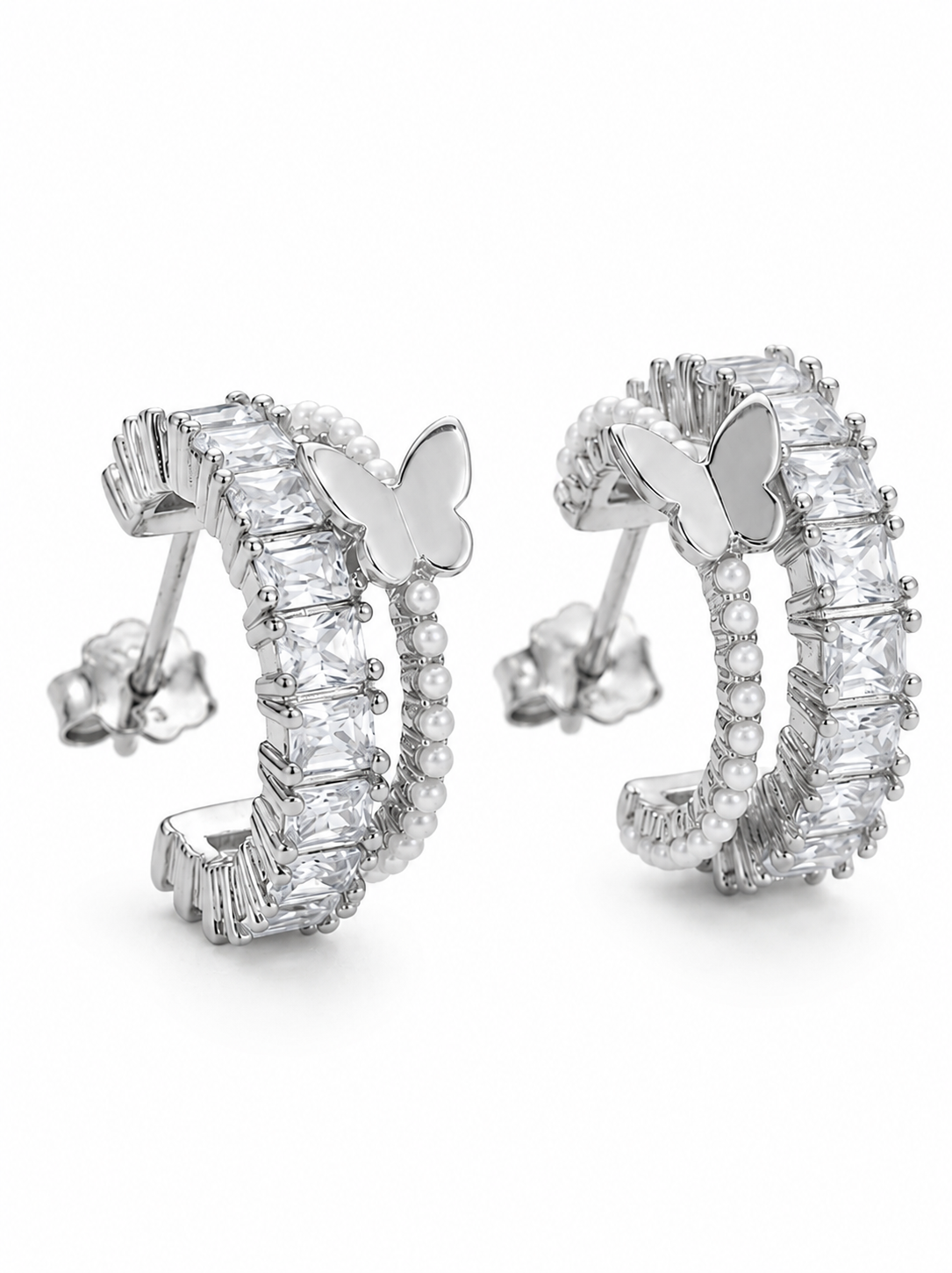 Mariposa Pearl Butterfly Hoop Earrings #color_silver