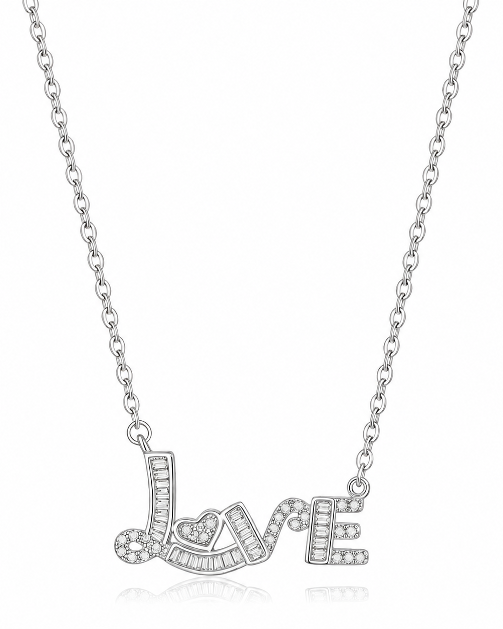 Silver 'LOVE' necklace with diamond accents on a white background #color_silver