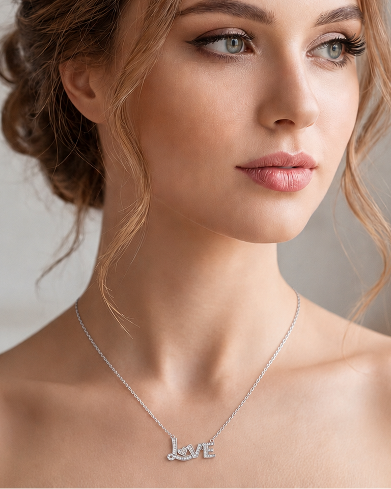 Woman wearing a silver 'LOVE' necklace against a neutral background #color_silver