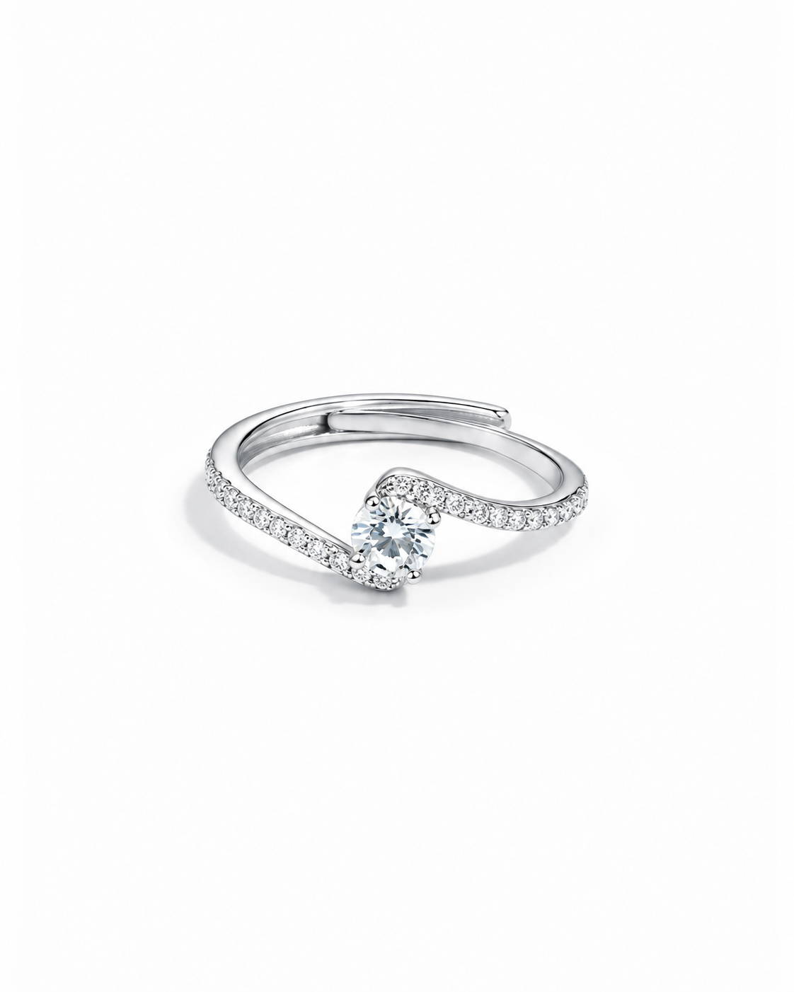 Round centre stone crossover ring with curved band