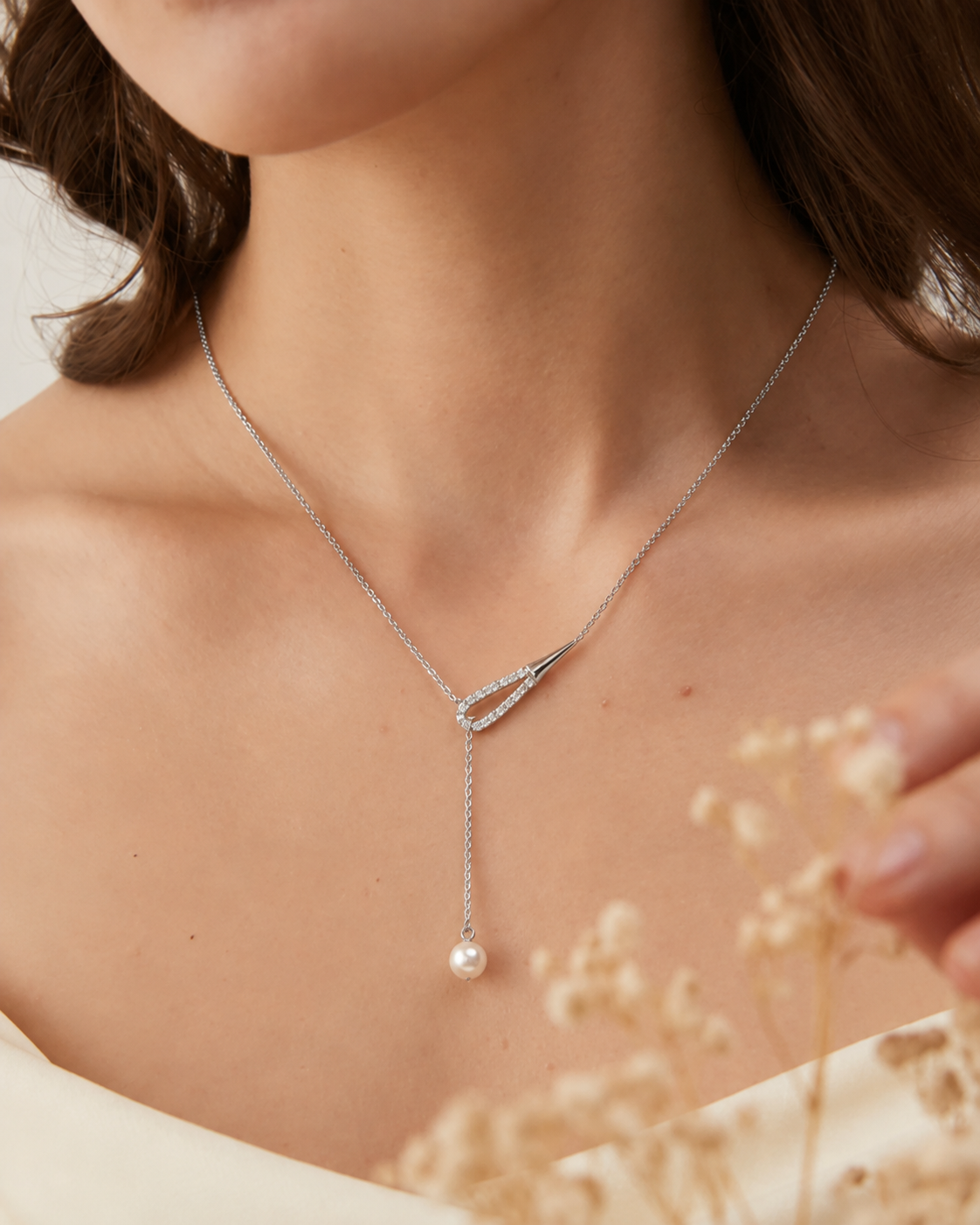Teardrop Pearl Drop Necklace for Women #color_silver