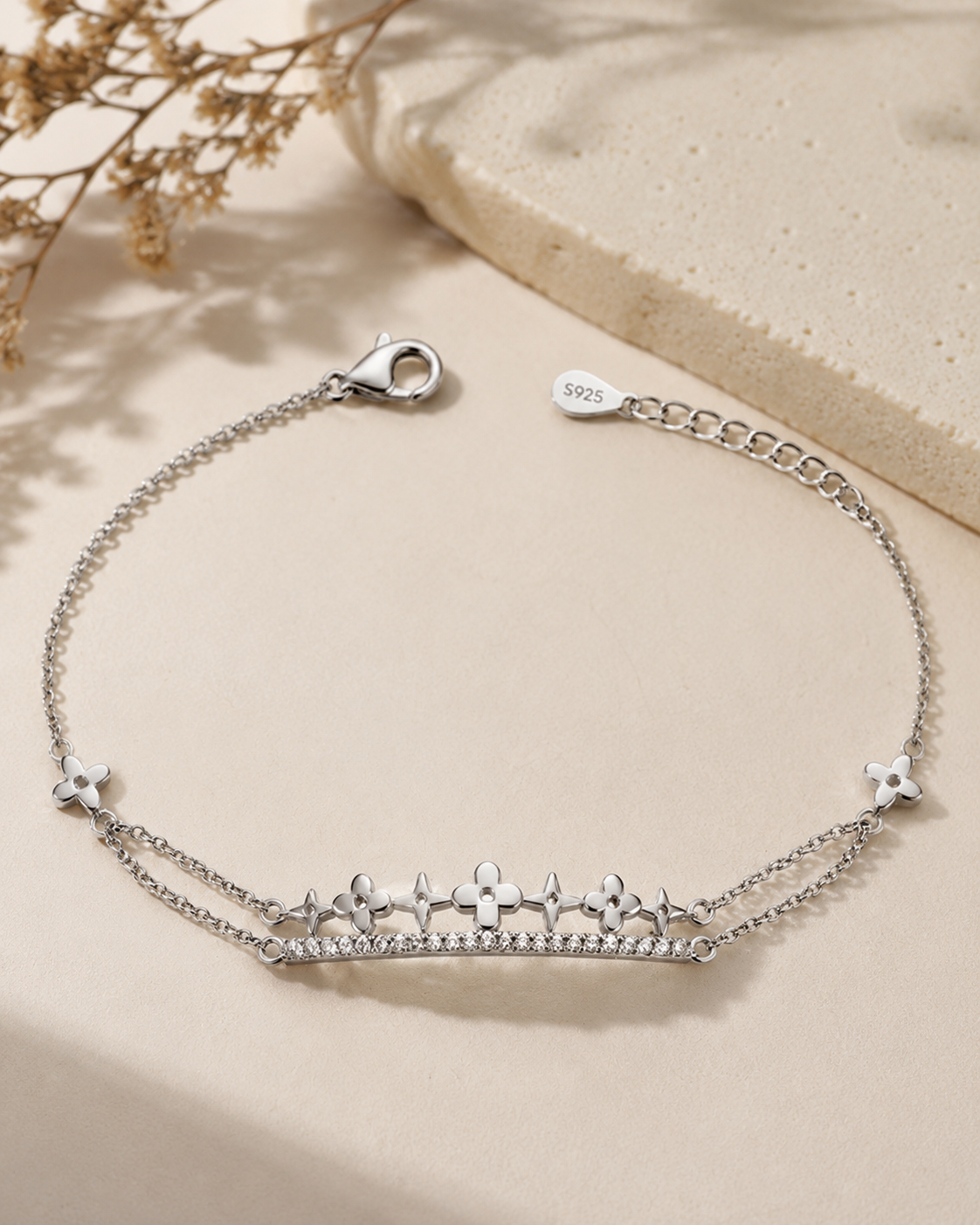925 Sterling Silver Floral Bracelet#color_silver