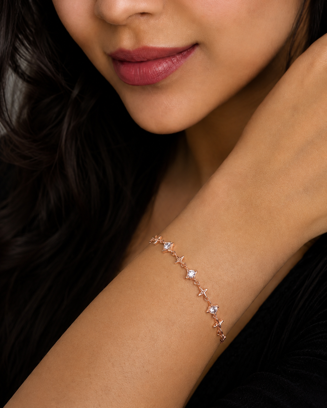 celestial star bracelet with chain and heart tag #color_rose gold