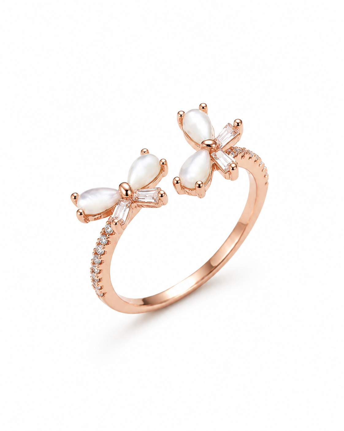 925 Silver Butterfly Pearl Adjustable Ring #color_rose gold