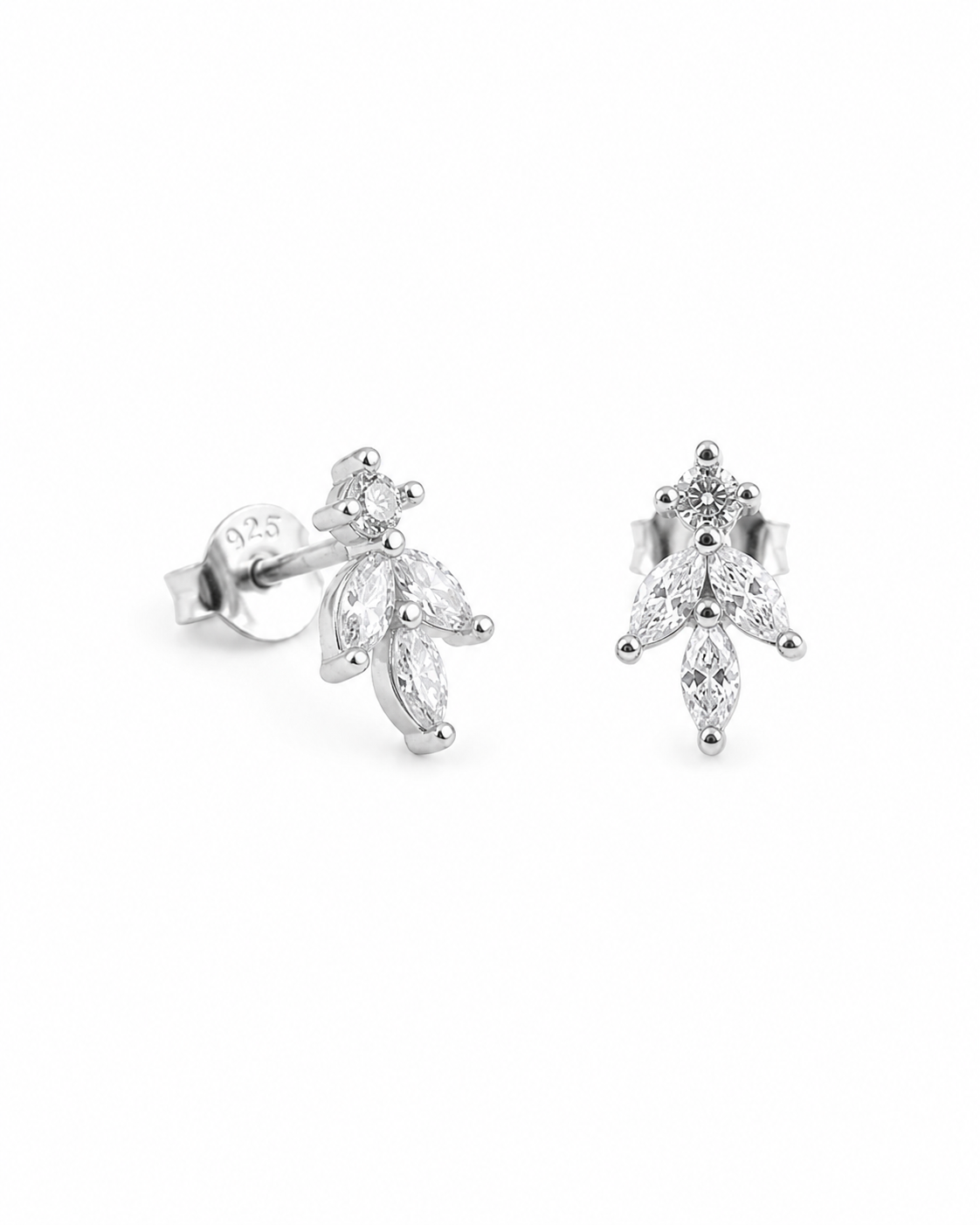 marquise-cut white stone cluster leaf stud earrings #color_silver