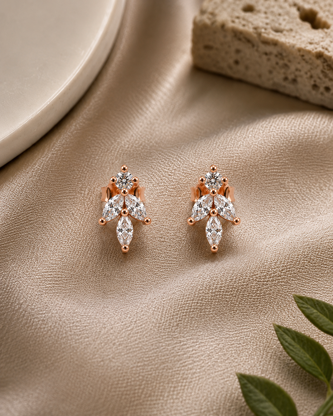 marquise-cut white stone cluster leaf stud earrings #color_rose gold