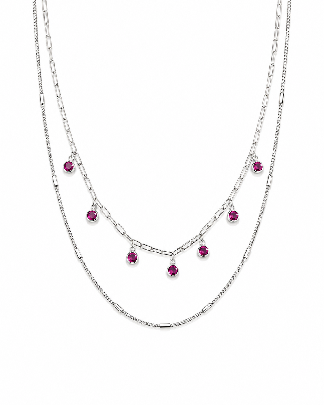 layered necklace with elongated link chain and pink accents #color_silver