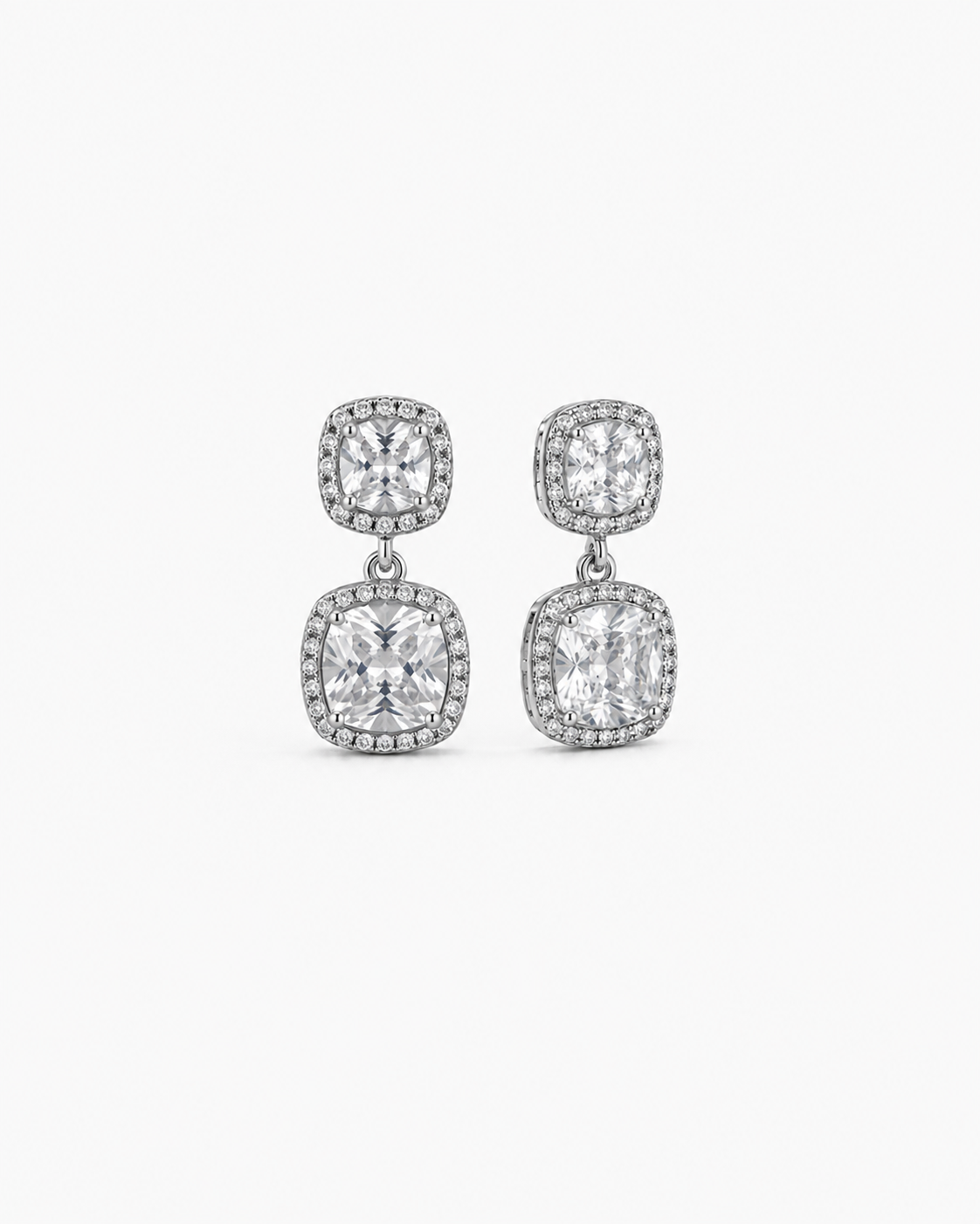Double Cushion Earrings – Pavé Halo Cushion Drop Earrings