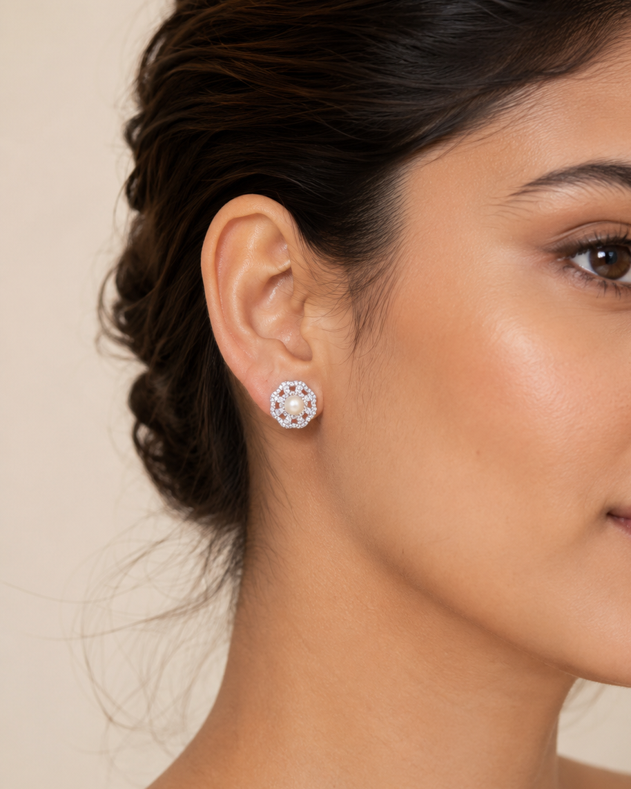 Pearl Floral Stud Earrings #color_silver