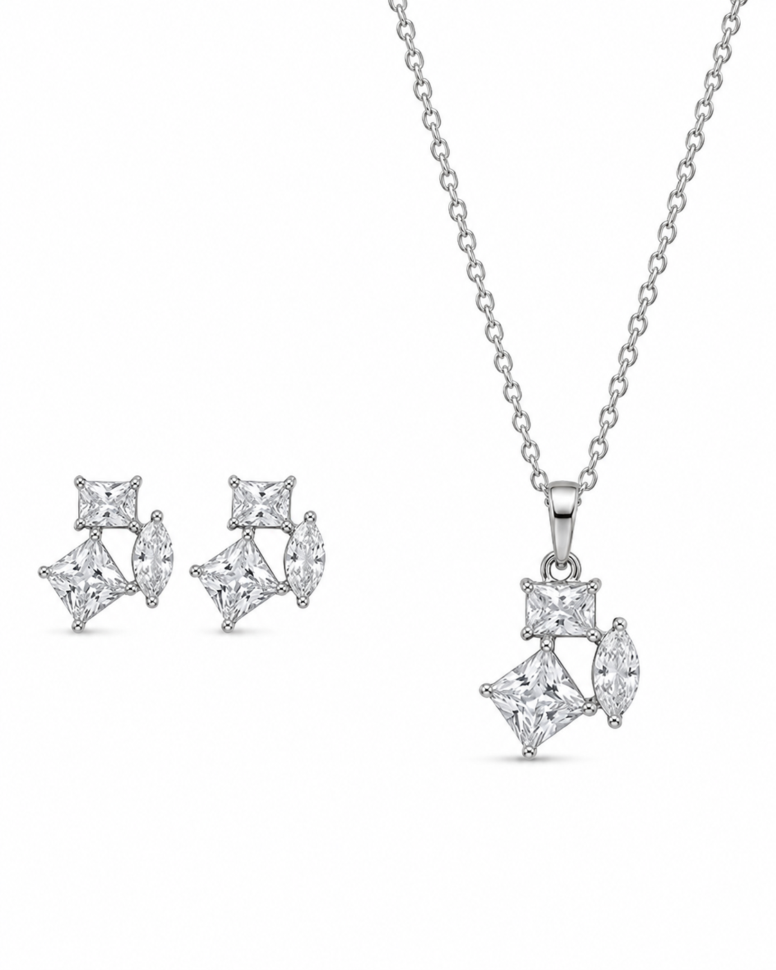 925 Sterling Silver geometric cluster necklace and earrings #color_silver
