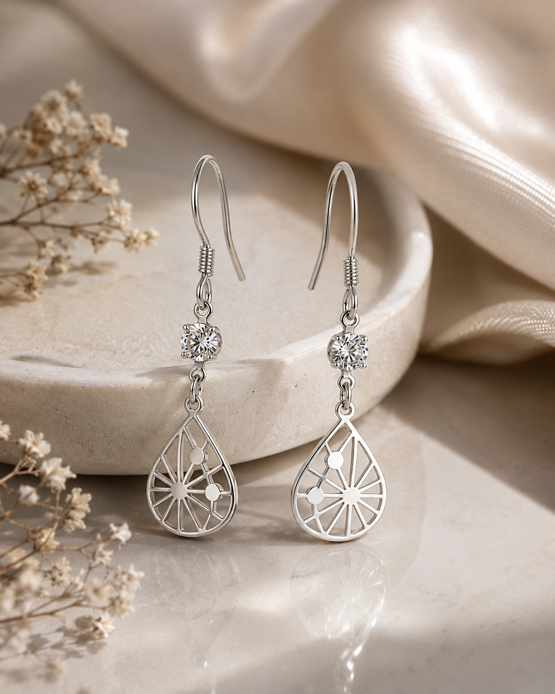 Teardrop Dangle Earrings with Openwork Design #color_silver