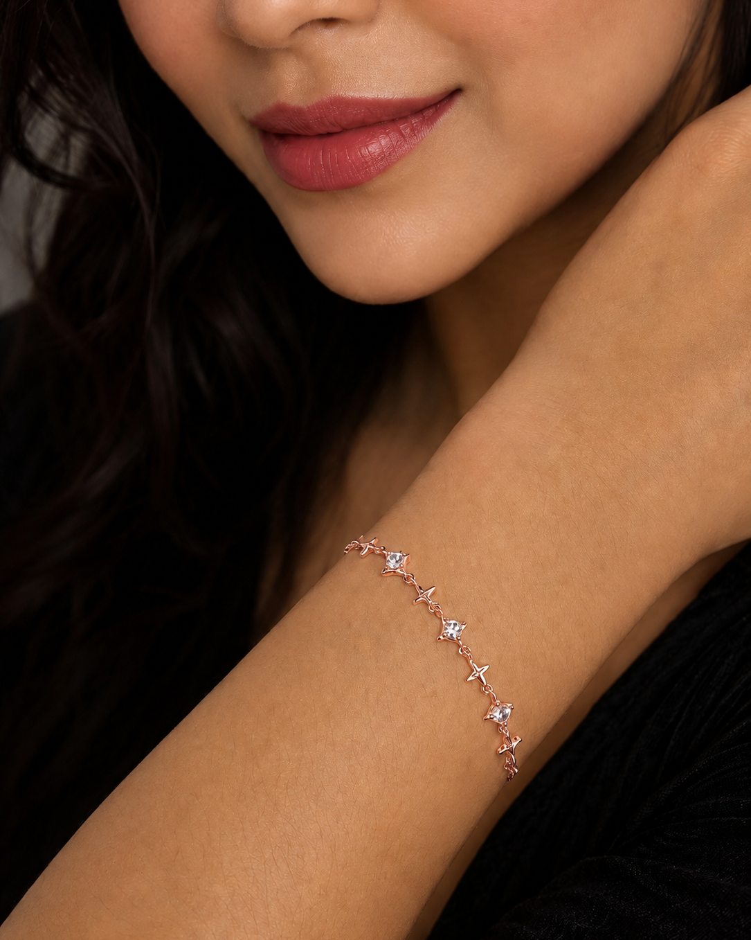 celestial star bracelet with chain and heart tag #color_rose gold