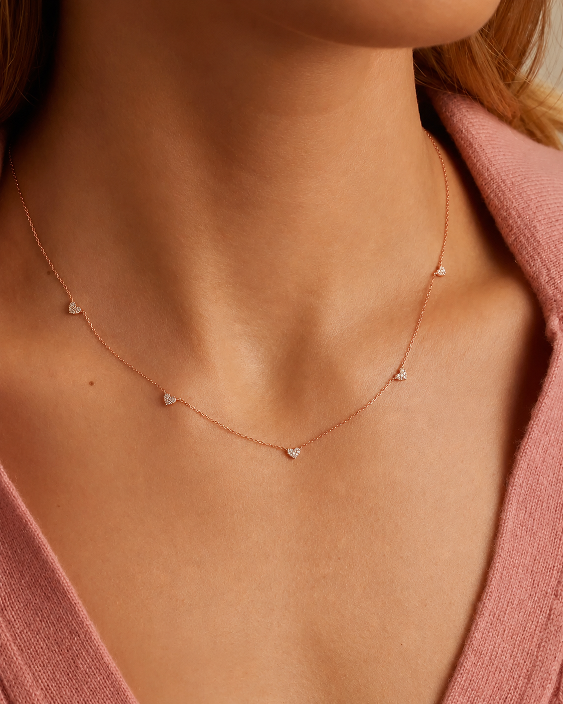 925 Silver Heart Station Necklace #color_rose gold