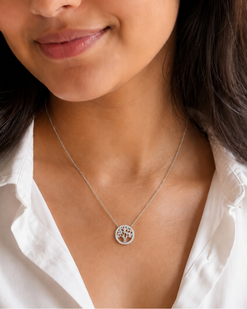 Silver Tree of Life Circle Chain Necklace