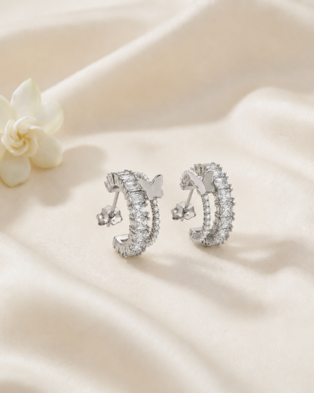 Mariposa Pearl Butterfly Hoop Earrings #color_silver