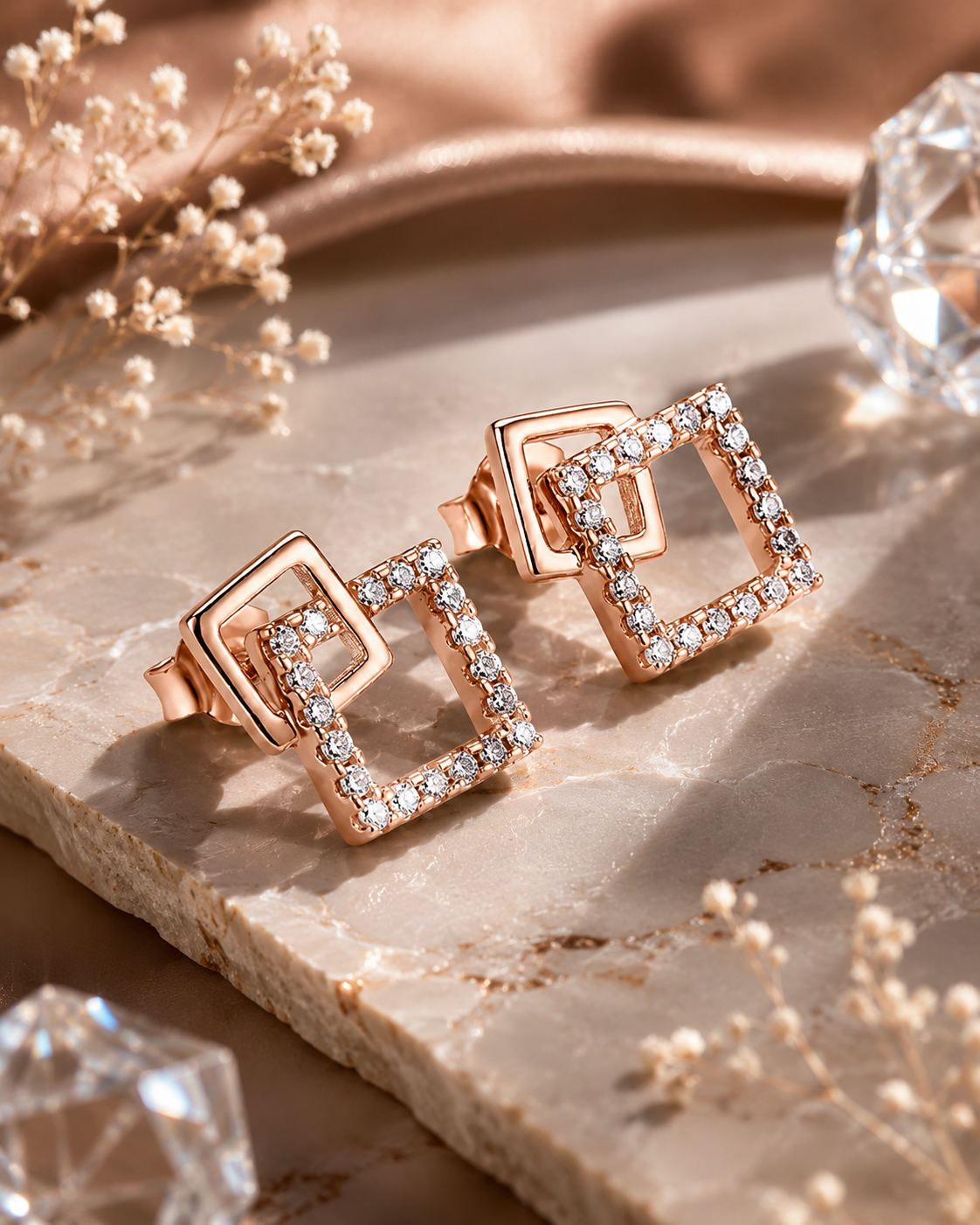 Rose gold square earrings with clear stones on a marble surface with dried flowers #color_rose gold