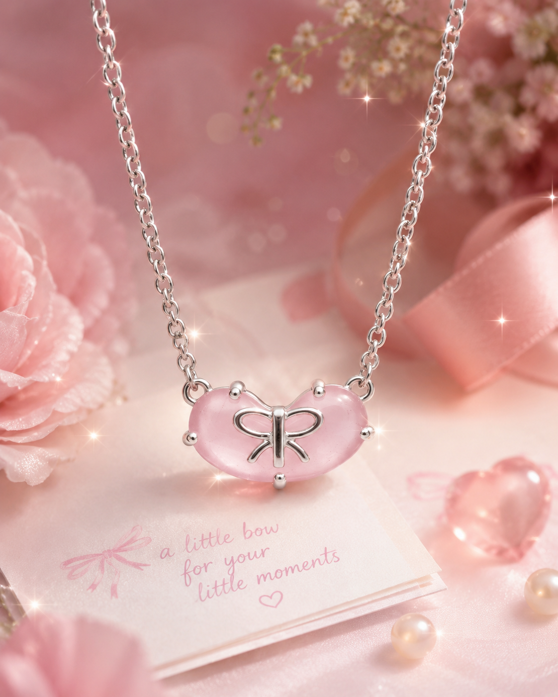 Isla Bow Heart Necklace | Pink 925 Silver Pendant Necklace