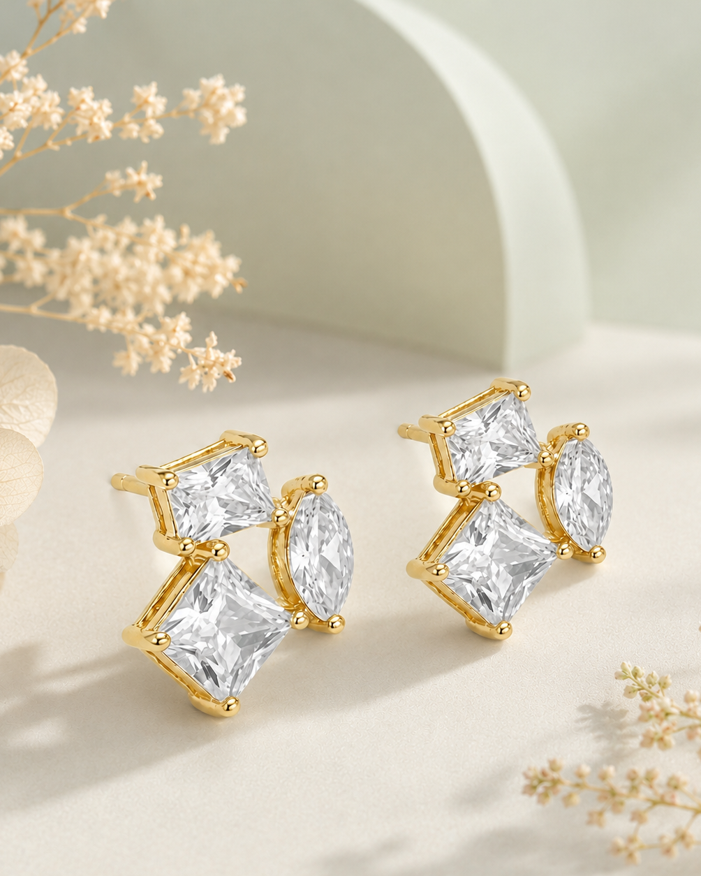 Gold earrings with clear gemstones on a light background with flowers #color_gold